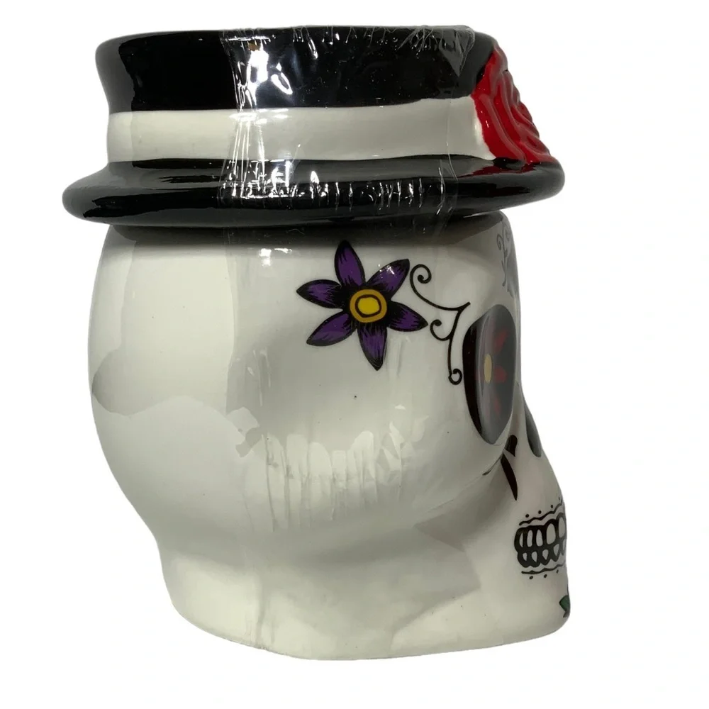 Canister Jar Sugar Skull Ceramic Hand Painted With Lid Colorful Multicolor White